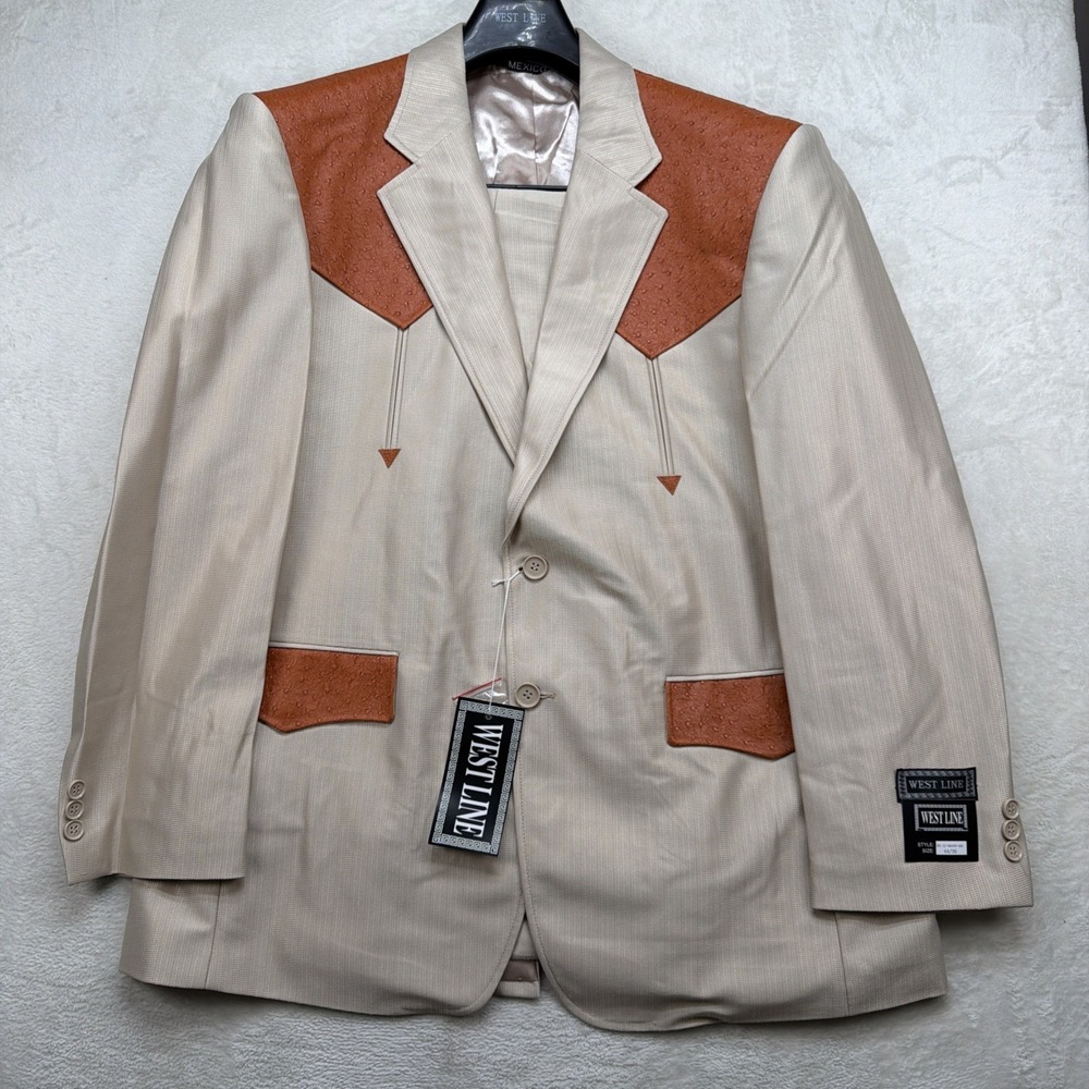 Vintage Western Suit Mens 44R 40 Beige Cognac Cowboy Rockabilly 2 Piece